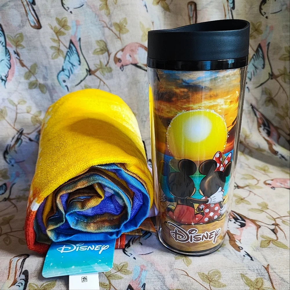 Officially Licensed Disney Sunset Beach Towel & Non Spill Cup Jerry Leigh NWT